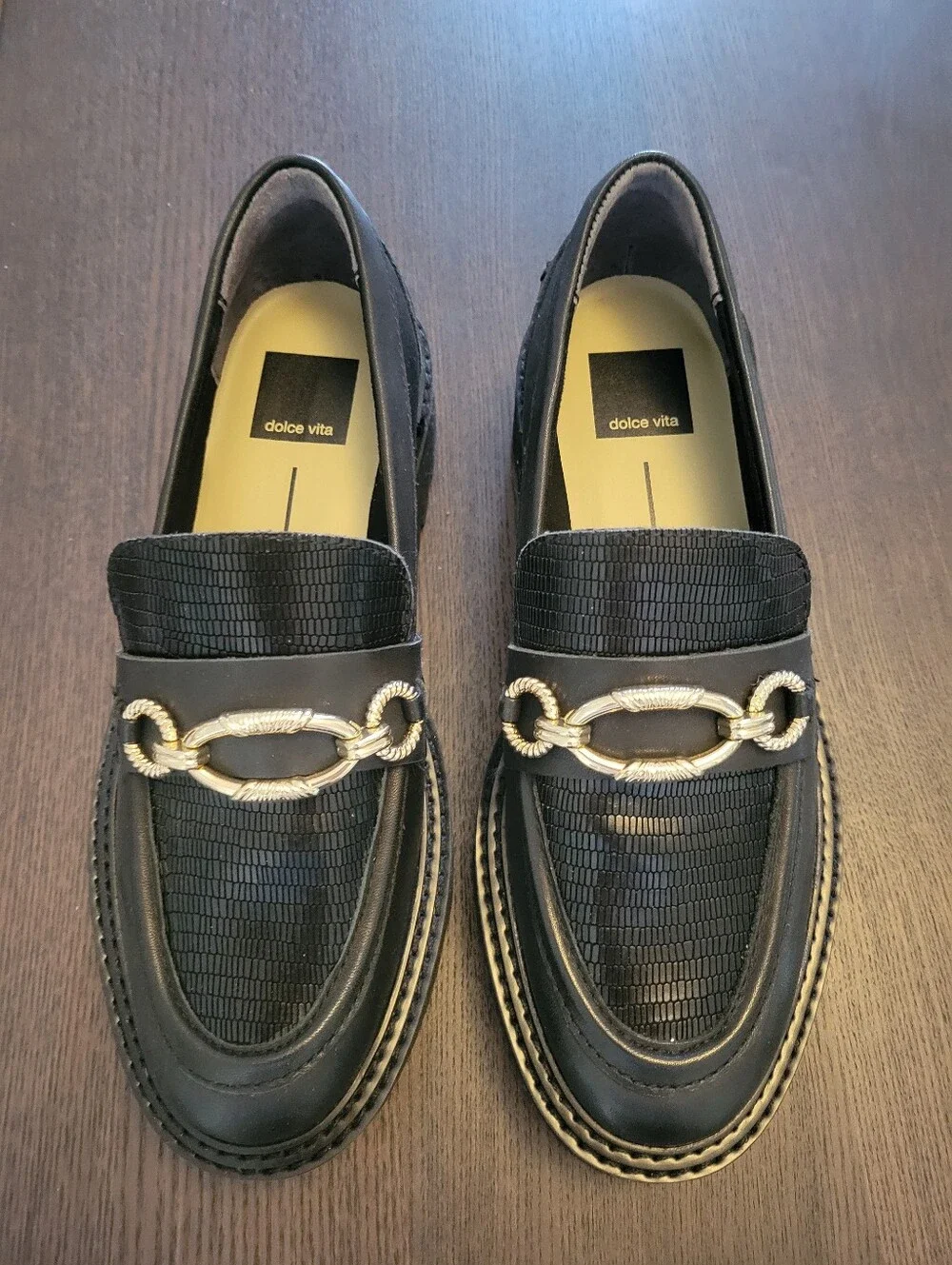 Dolce Vita Black Loafers with Gold Chain Accent